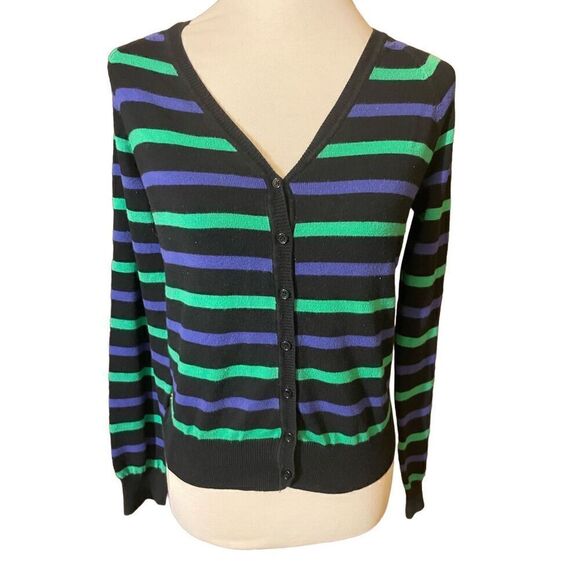 XXI Womens Cardigan Sweater Stripe Long Sleeve Button Front V Neck Blue Large - Picture 2 of 8